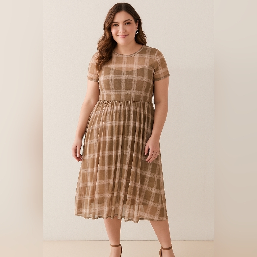 AUW Plaid Mesh Overlay Midi Dress Large Sheer Y2K Neutral Minimalist Chic Twee